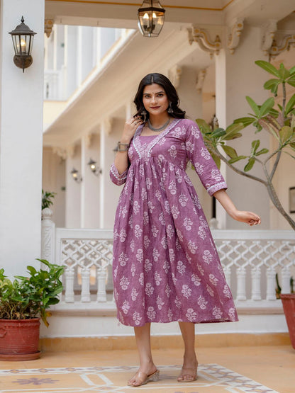 Purple Ethnic Printed Flared Dress