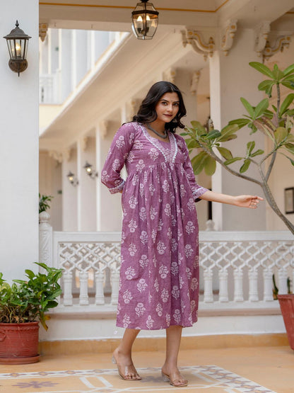 Purple Ethnic Printed Flared Dress