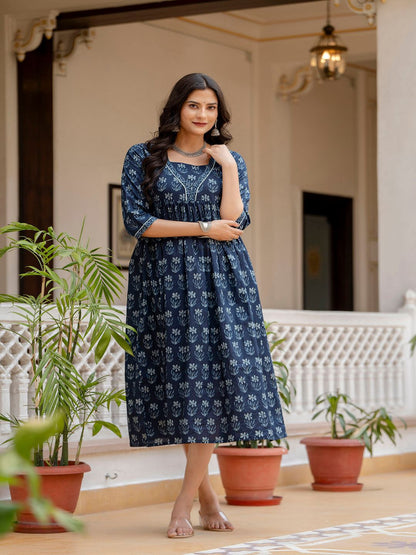 Navy Blue Ethnic Printed Flared Dress