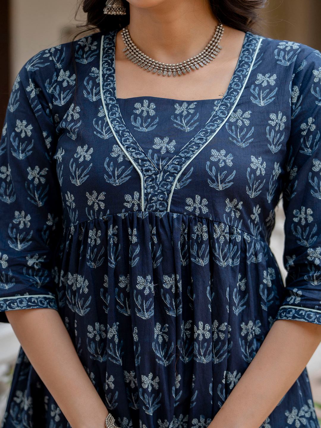 Navy Blue Ethnic Printed Flared Dress