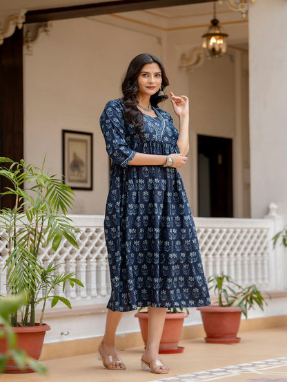 Navy Blue Ethnic Printed Flared Dress