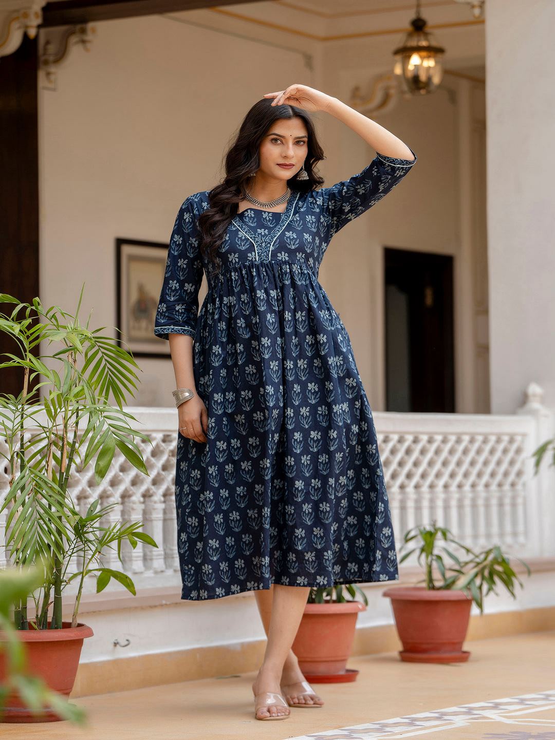 Navy Blue Ethnic Printed Flared Dress