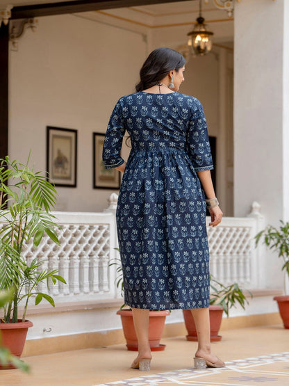 Navy Blue Ethnic Printed Flared Dress