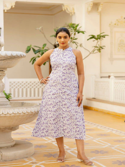 Purple Floral Printed Sleeveless Dress