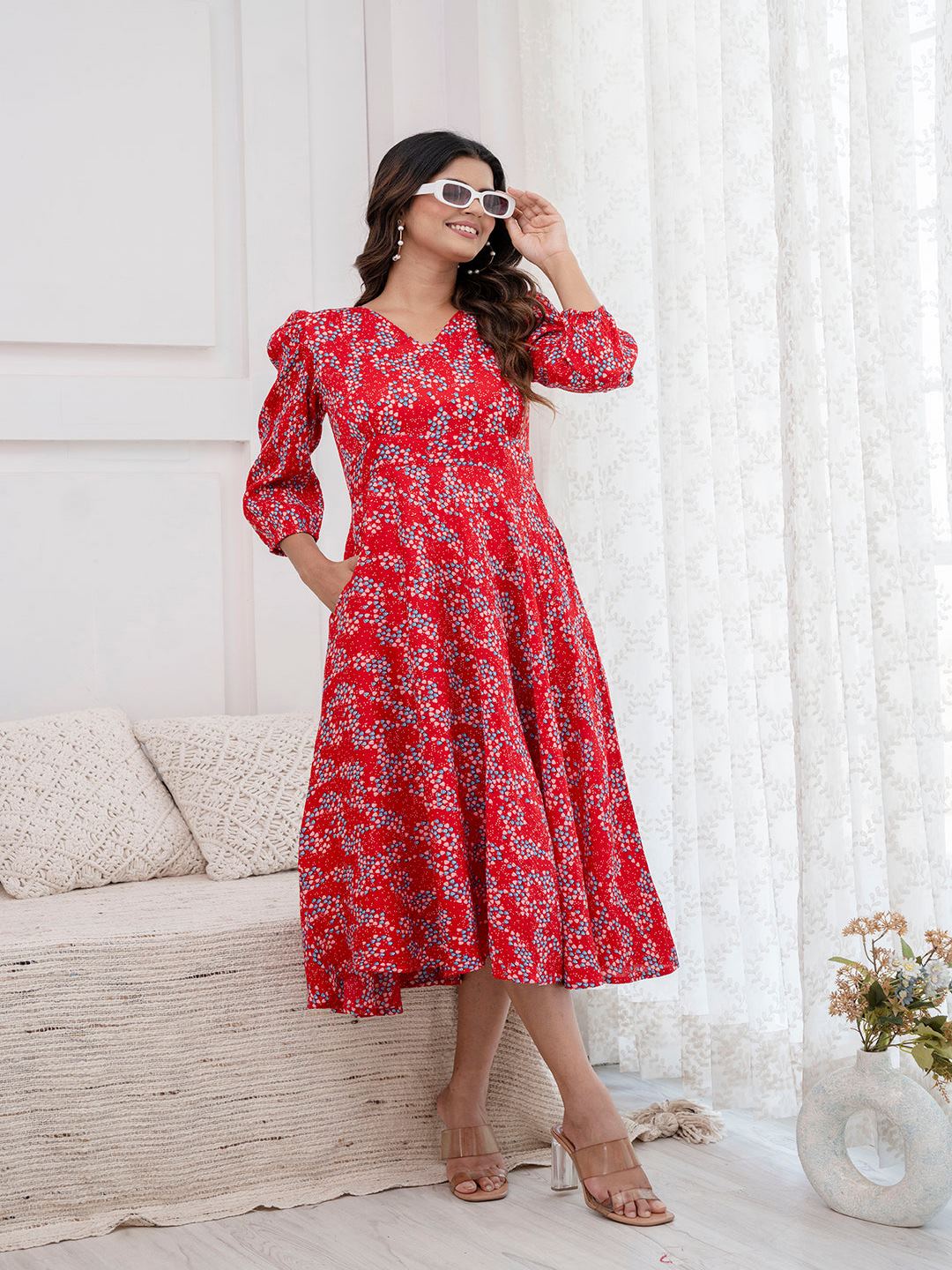 Red Printed Flared Dress