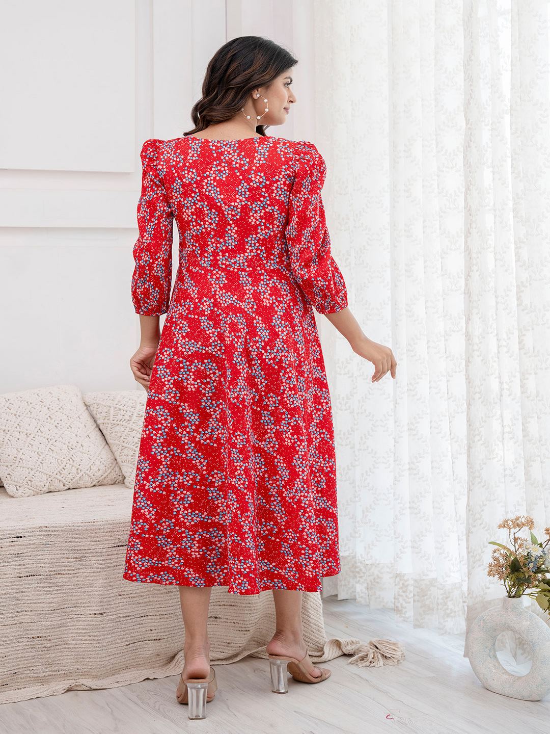 Red Printed Flared Dress