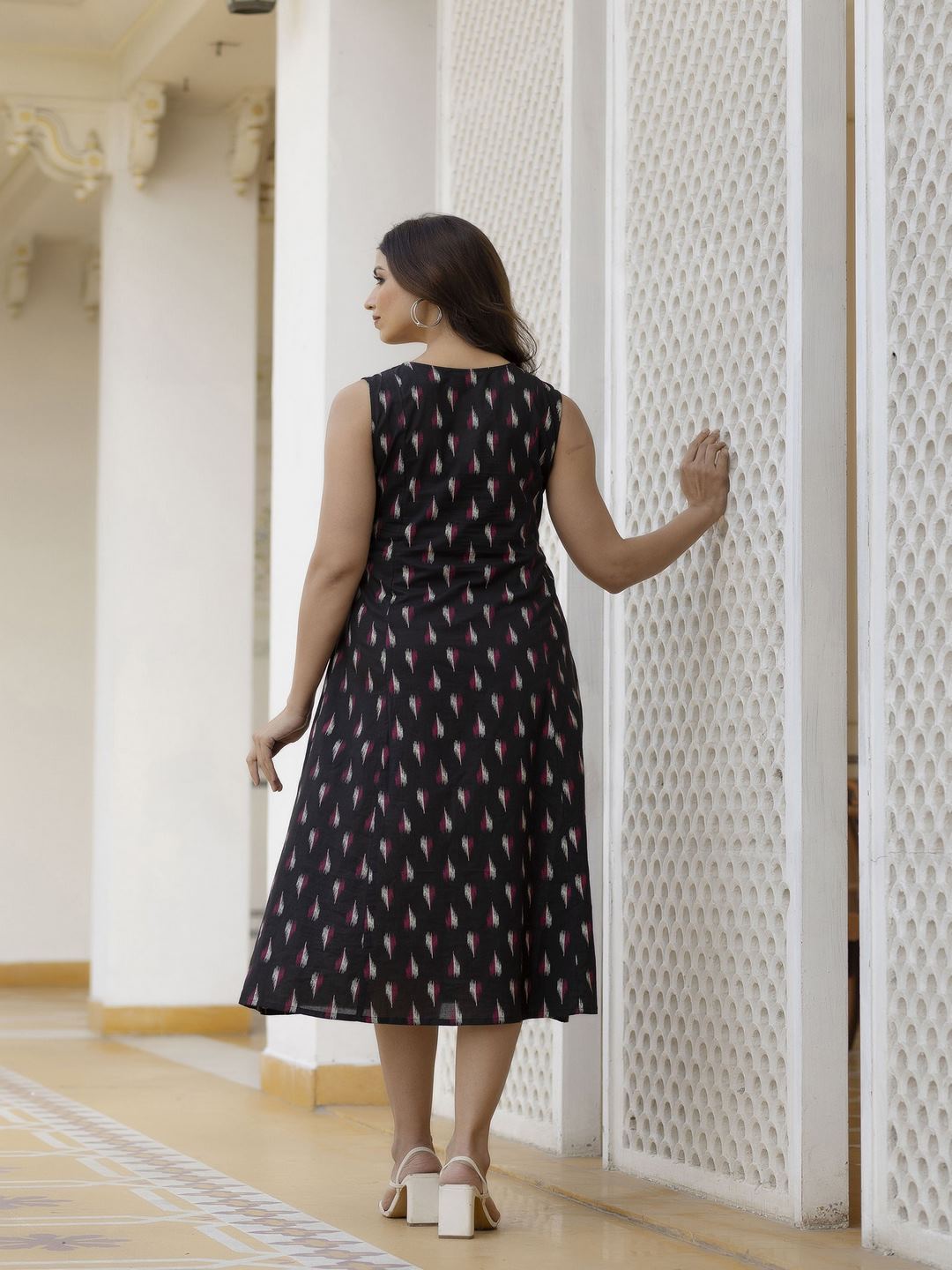 Black Ikat Printed Sleeveless A-Line Dress