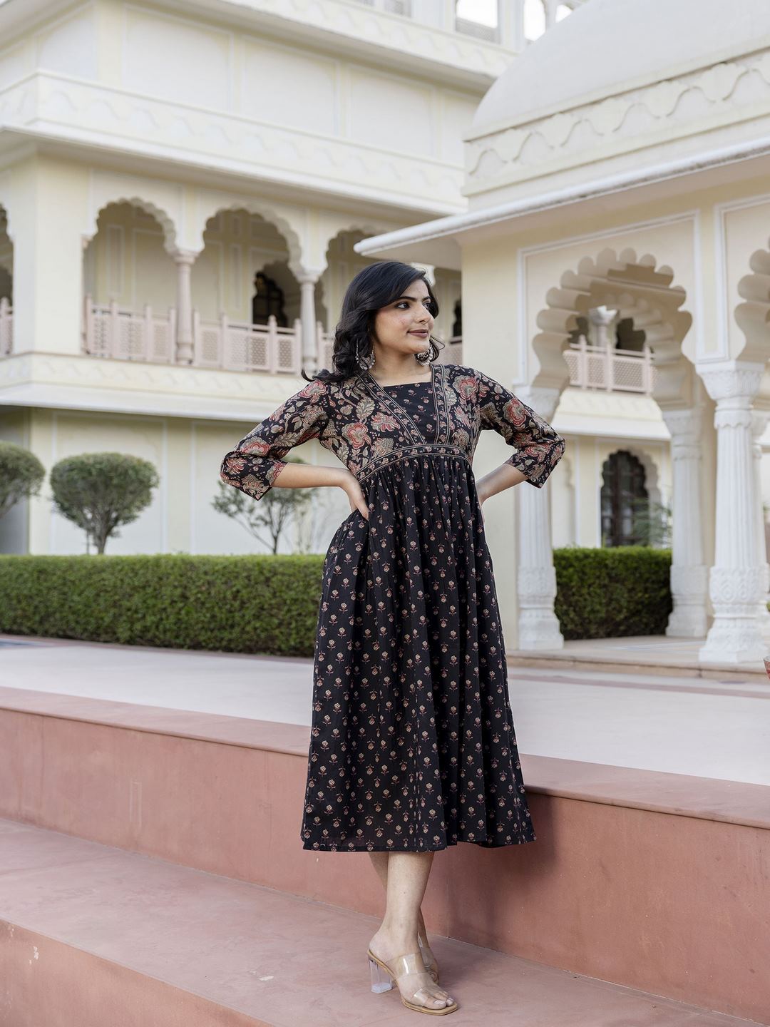 Black Ethnic Printed Flared Dress