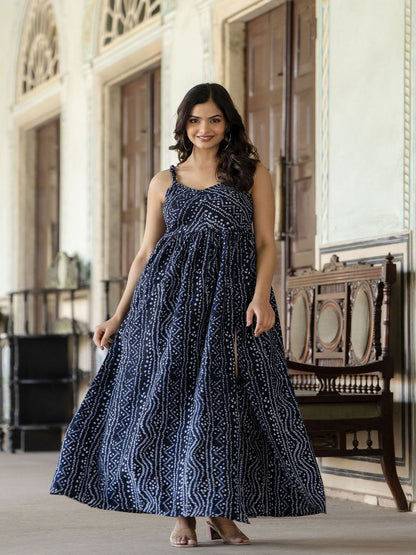 Navy Blue Bandhani Printed Sleeveless Dress