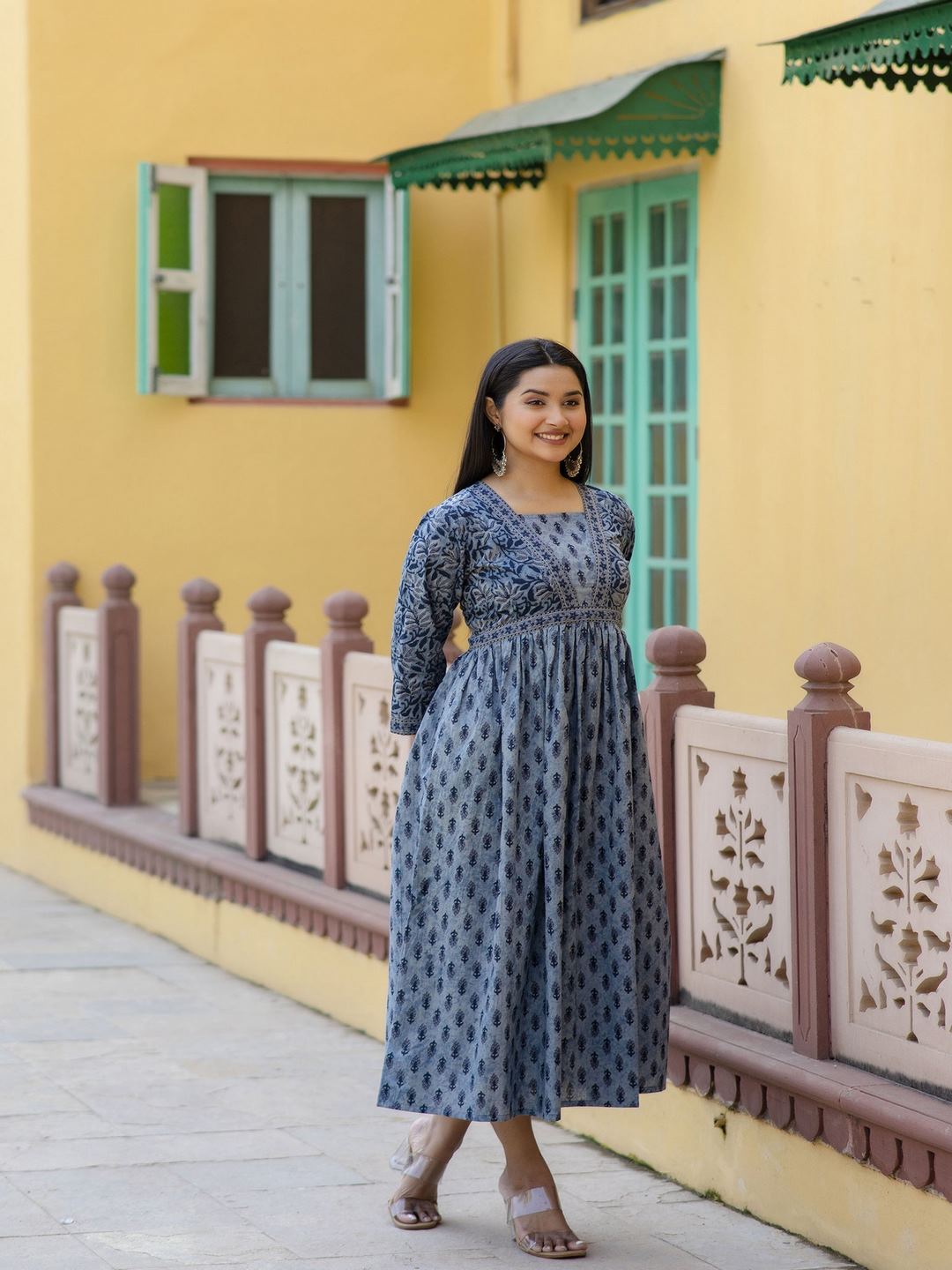 Grey Ethnic Printed Flared Dress