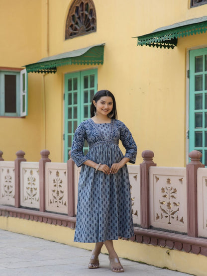 Grey Ethnic Printed Flared Dress