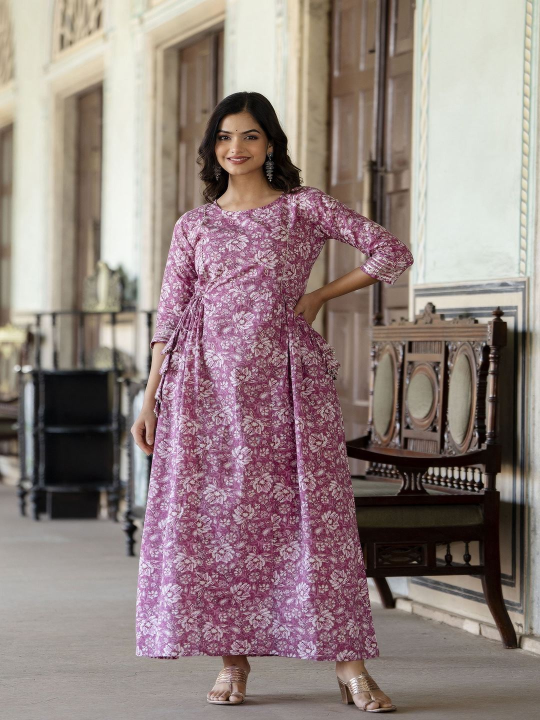 Pink Printed Flared Dress With Three Quarter Sleeves