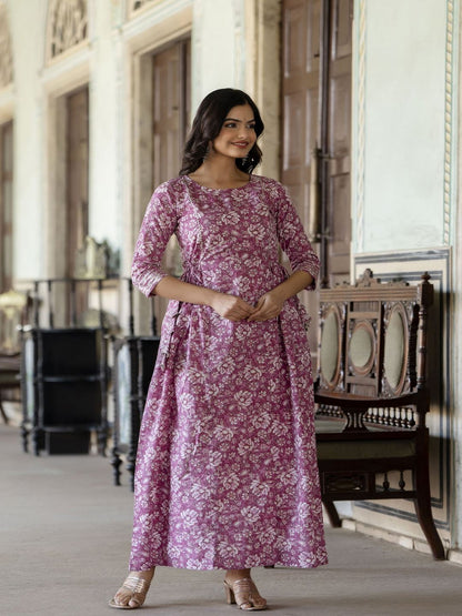 Pink Printed Flared Dress With Three Quarter Sleeves