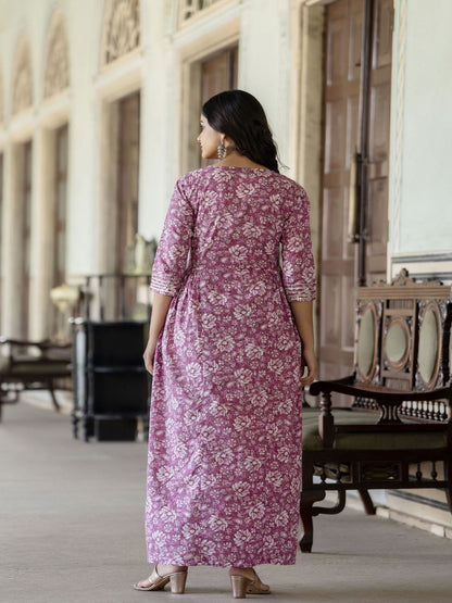 Pink Printed Flared Dress With Three Quarter Sleeves