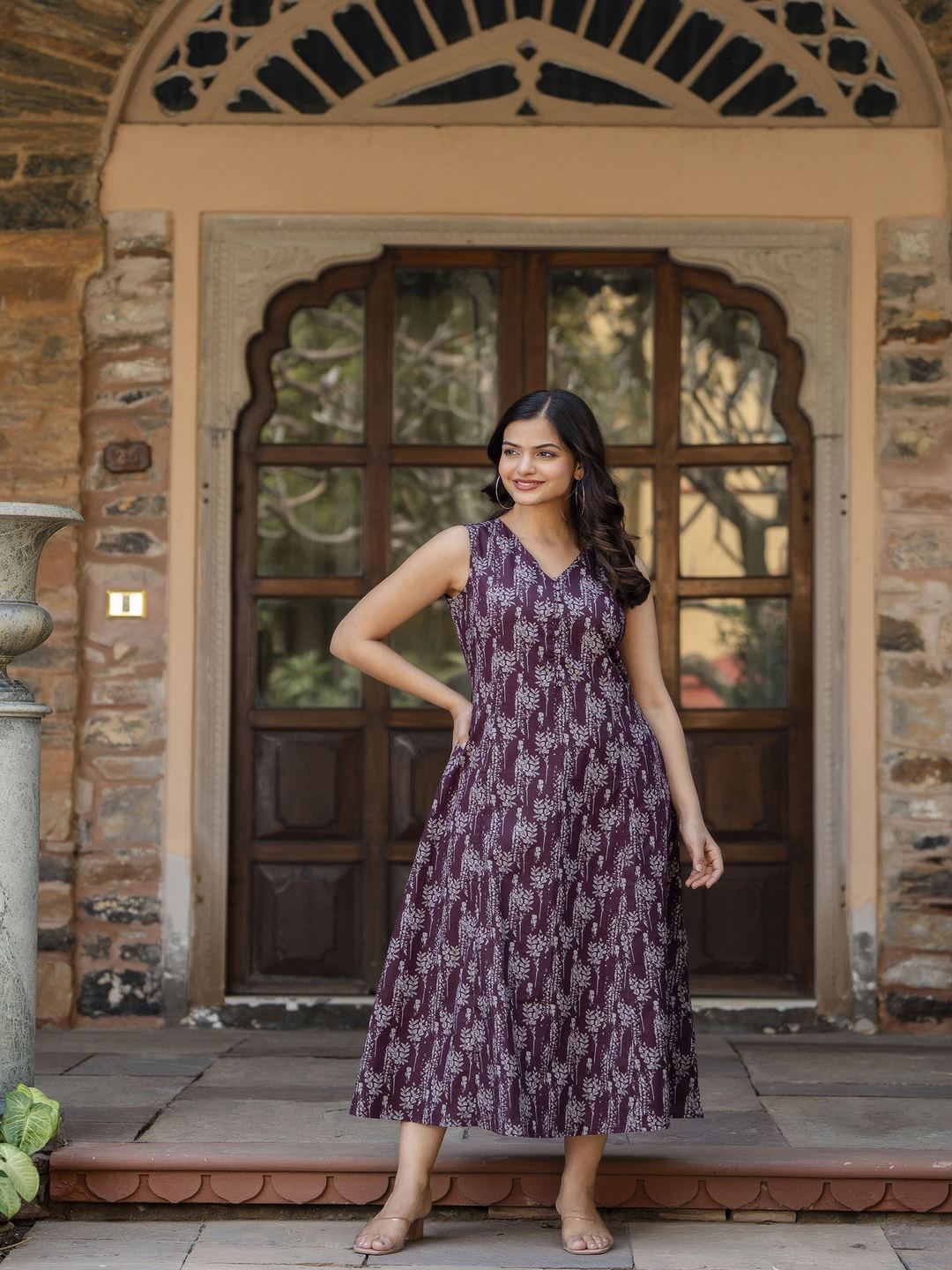 Burgundy Abstract Printed Sleeveless Midi Dress