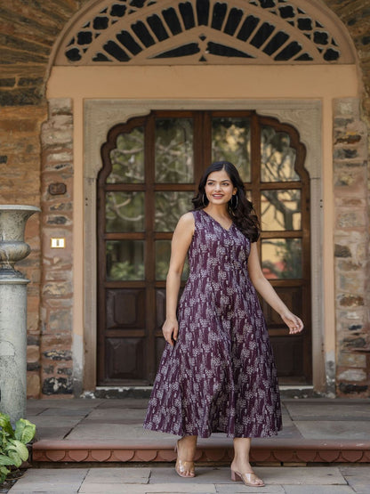 Burgundy Abstract Printed Sleeveless Midi Dress