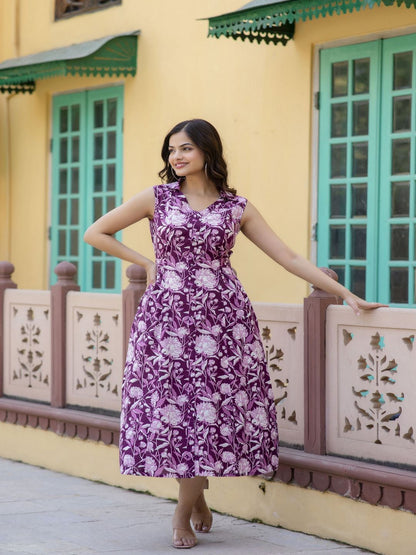 Purple Abstract Printed Sleeveless Midi Dress