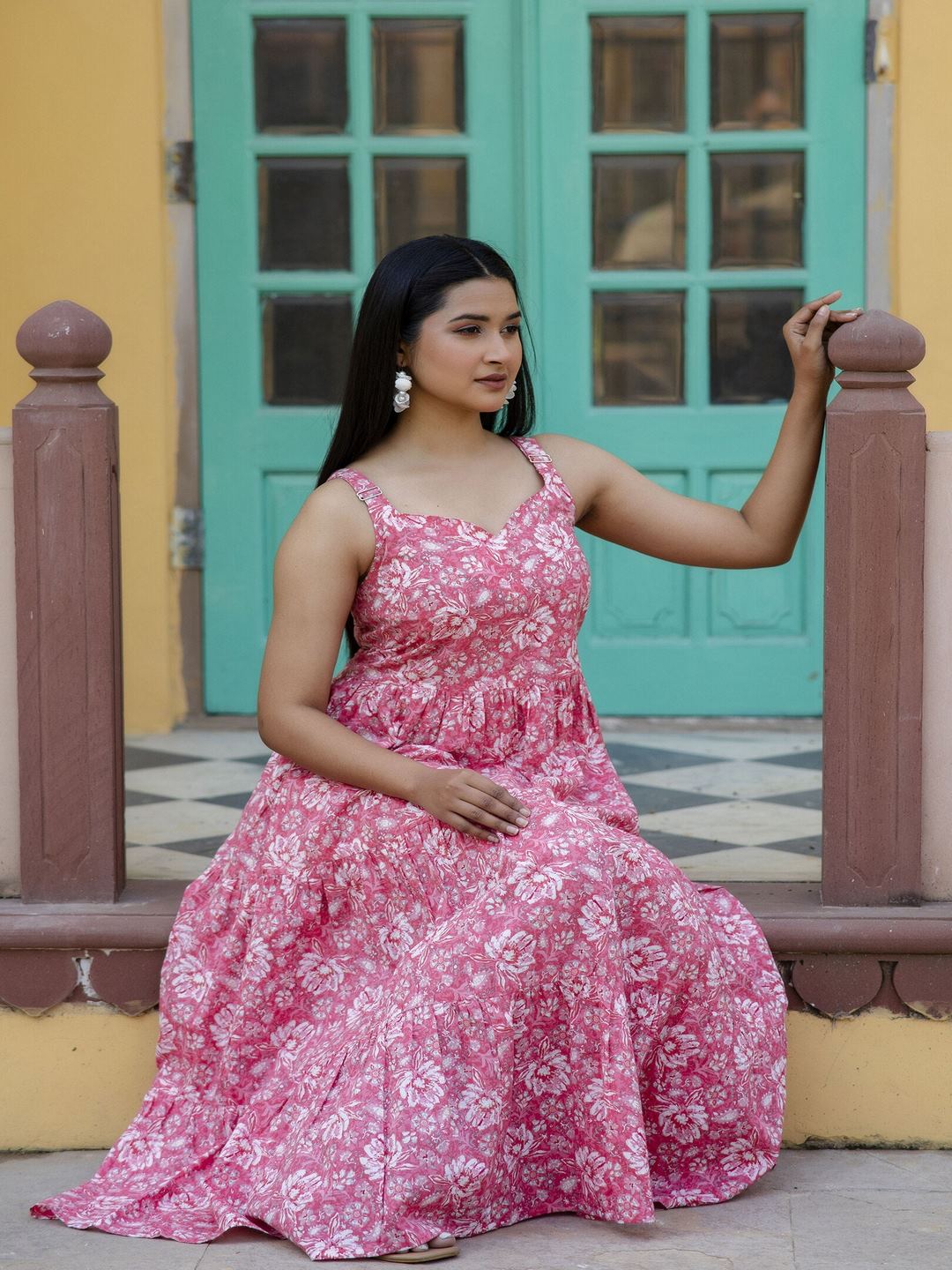 Pink Floral Printed Sleeveless Flared Dress