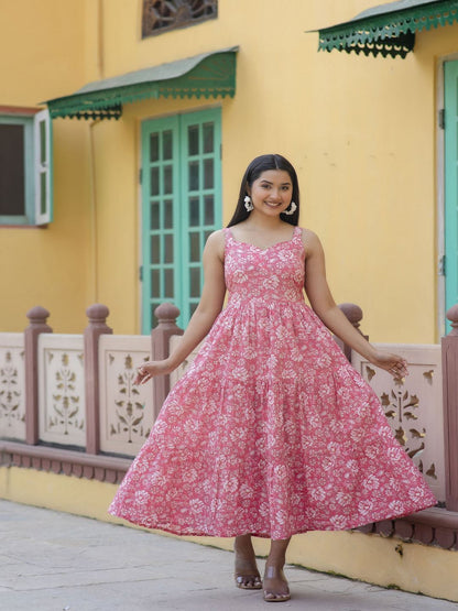 Pink Floral Printed Sleeveless Flared Dress