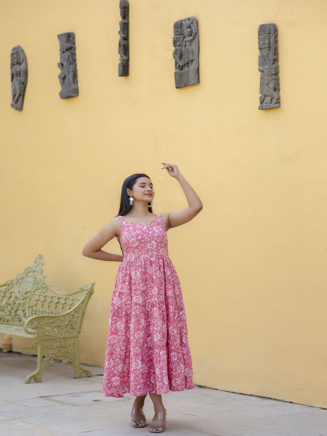 Pink Floral Printed Sleeveless Flared Dress