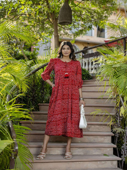 Red Bandhani Printed Flared Dress