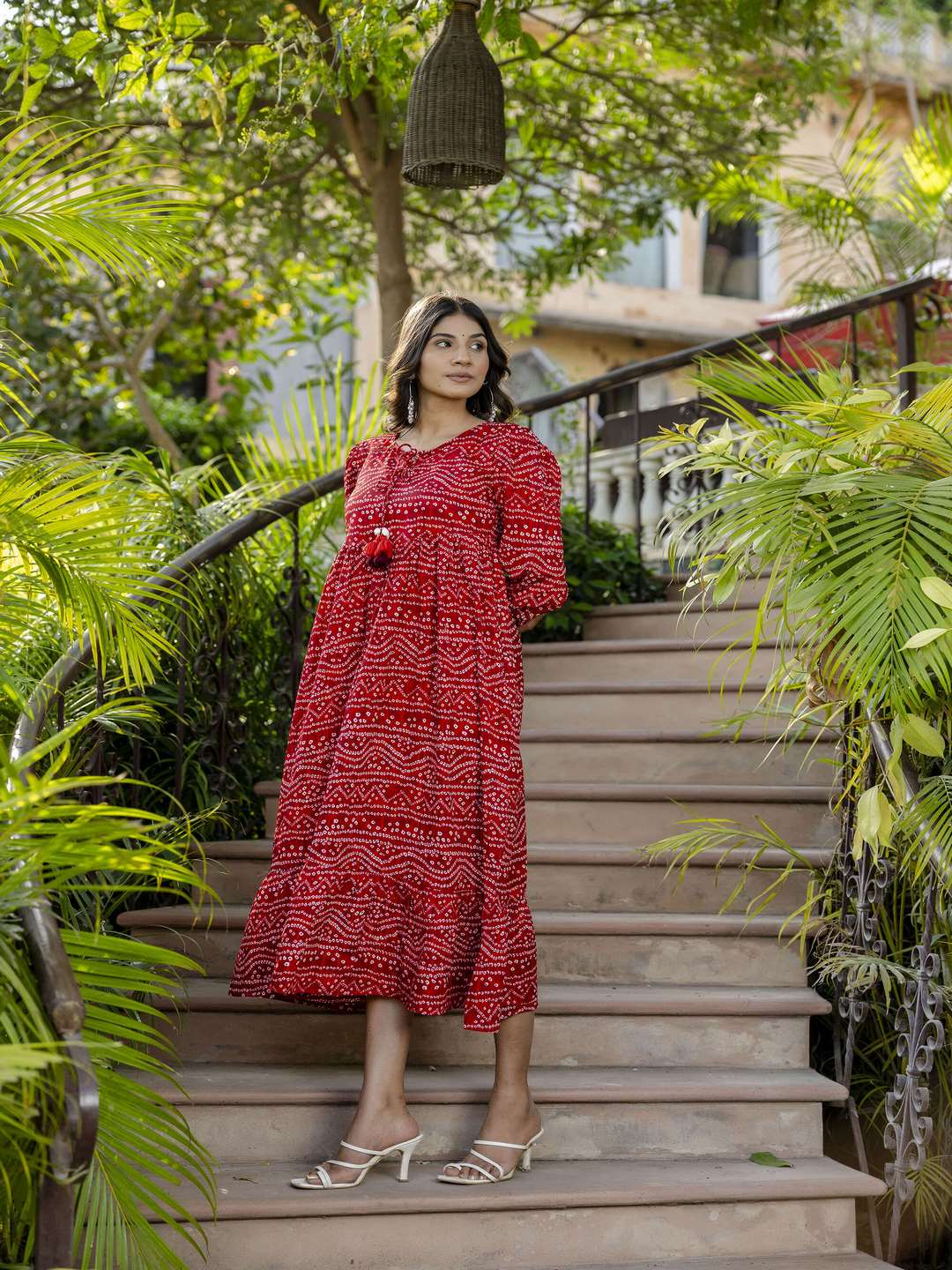 Red Bandhani Printed Flared Dress