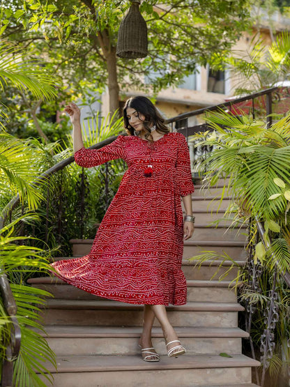 Red Bandhani Printed Flared Dress