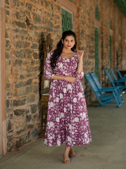 Mauve Ethnic Printed Flared Dress