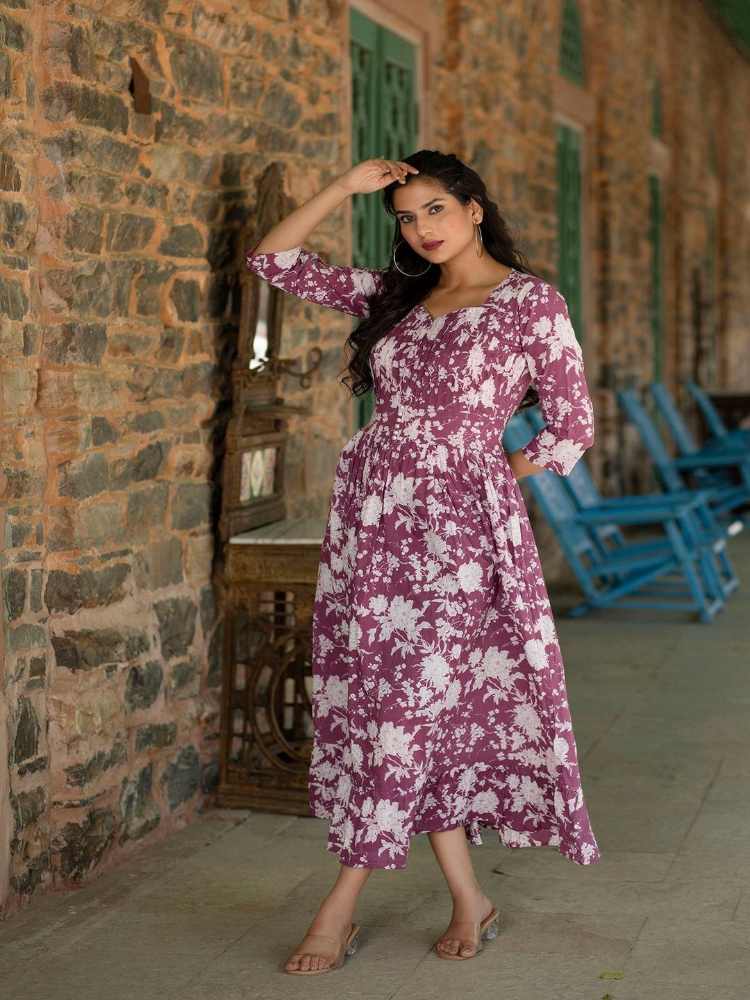 Mauve Ethnic Printed Flared Dress