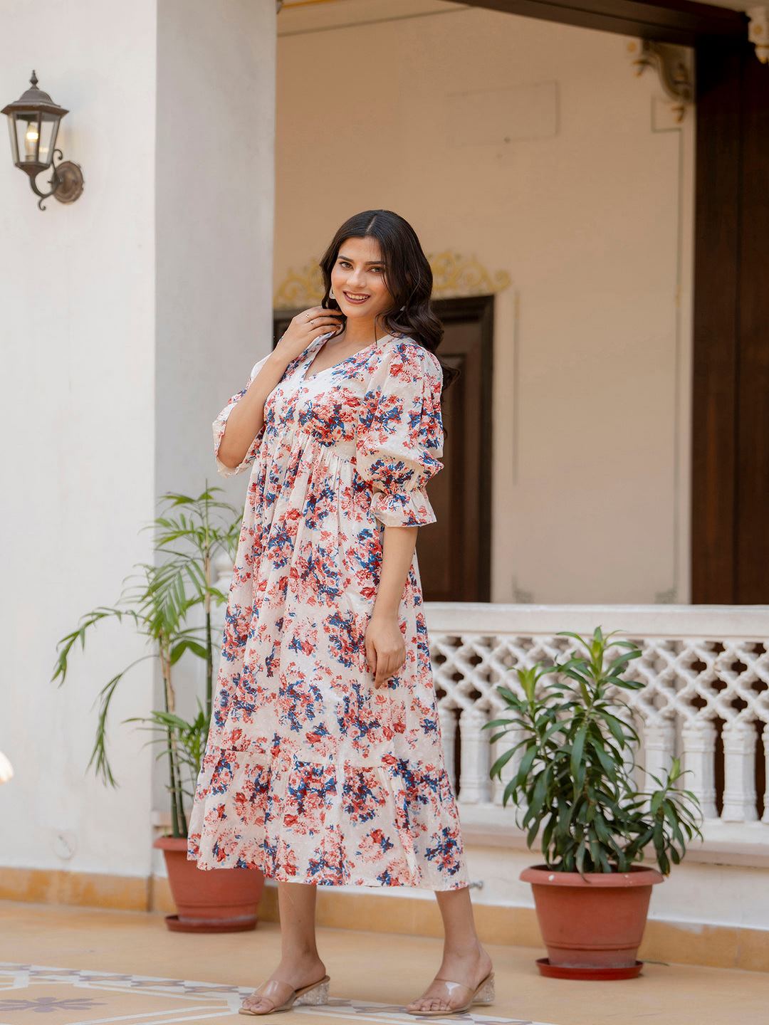 Off-White Floral Printed Flared Dress With Three Quarter Sleeves