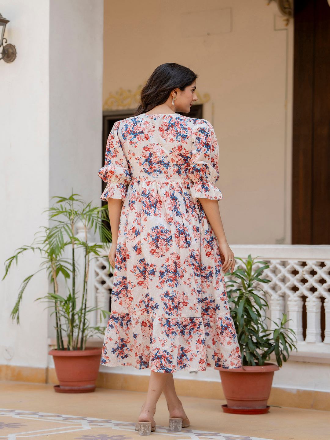 Off-White Floral Printed Flared Dress With Three Quarter Sleeves