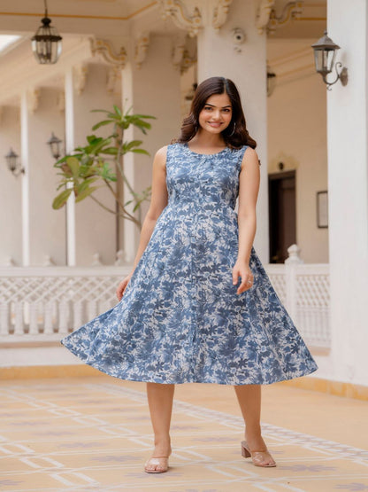 Blue Printed Flared Dress