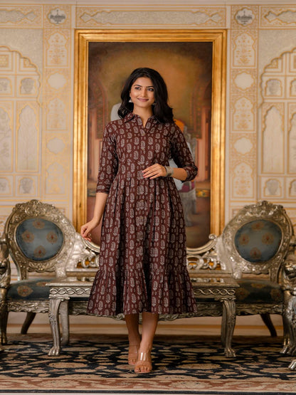 Brown Ethnic Printed Flared Dress