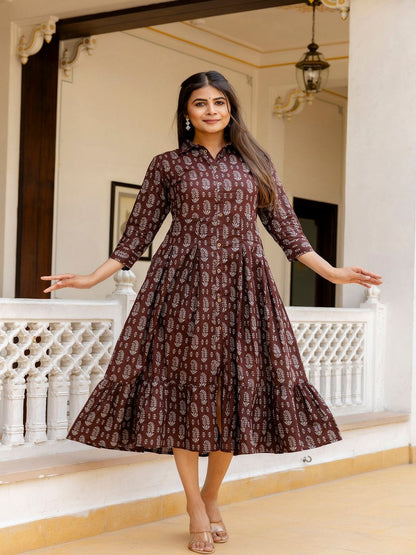 Brown Ethnic Printed Flared Dress