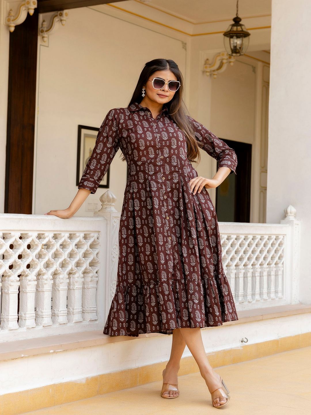 Brown Ethnic Printed Flared Dress