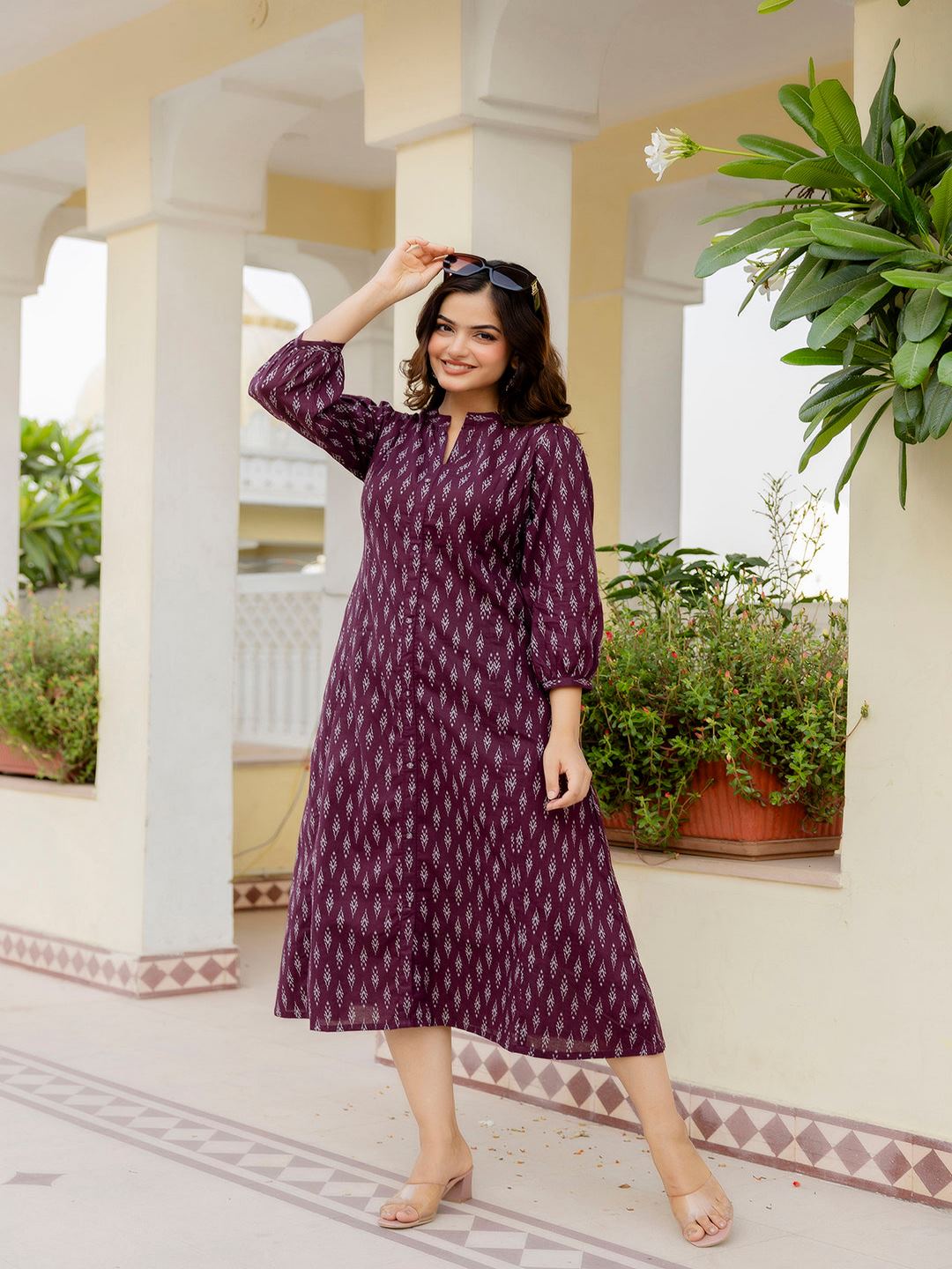 Purple Ethnic Printed Flared Dress