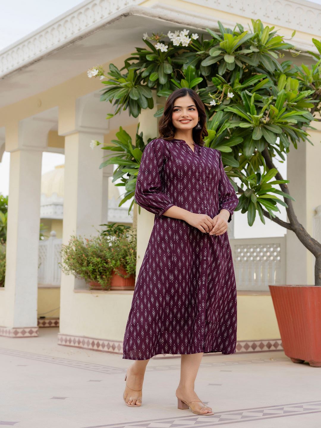 Purple Ethnic Printed Flared Dress