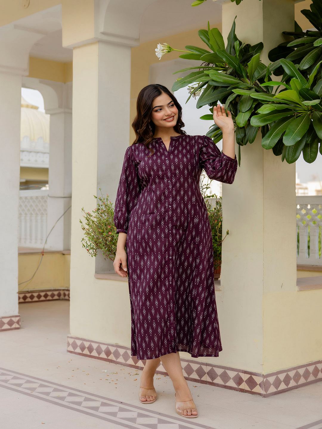 Purple Ethnic Printed Flared Dress