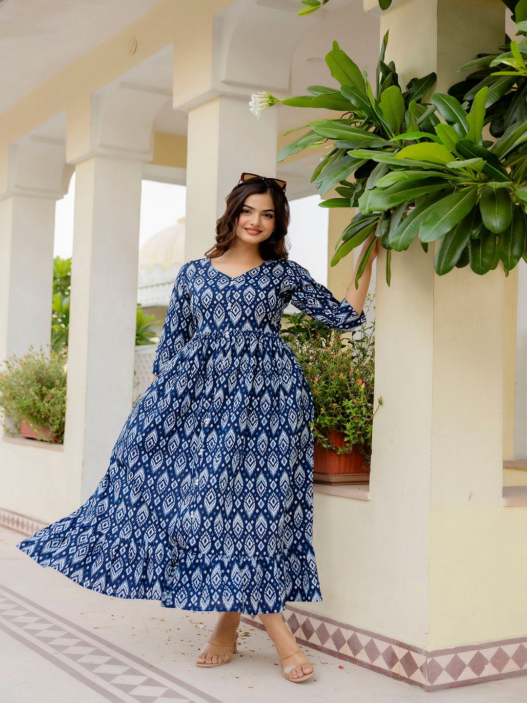 Navy Blue Printed Flared Dress