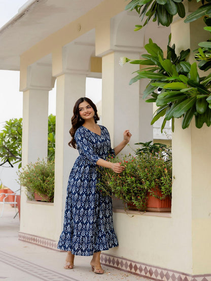 Navy Blue Printed Flared Dress