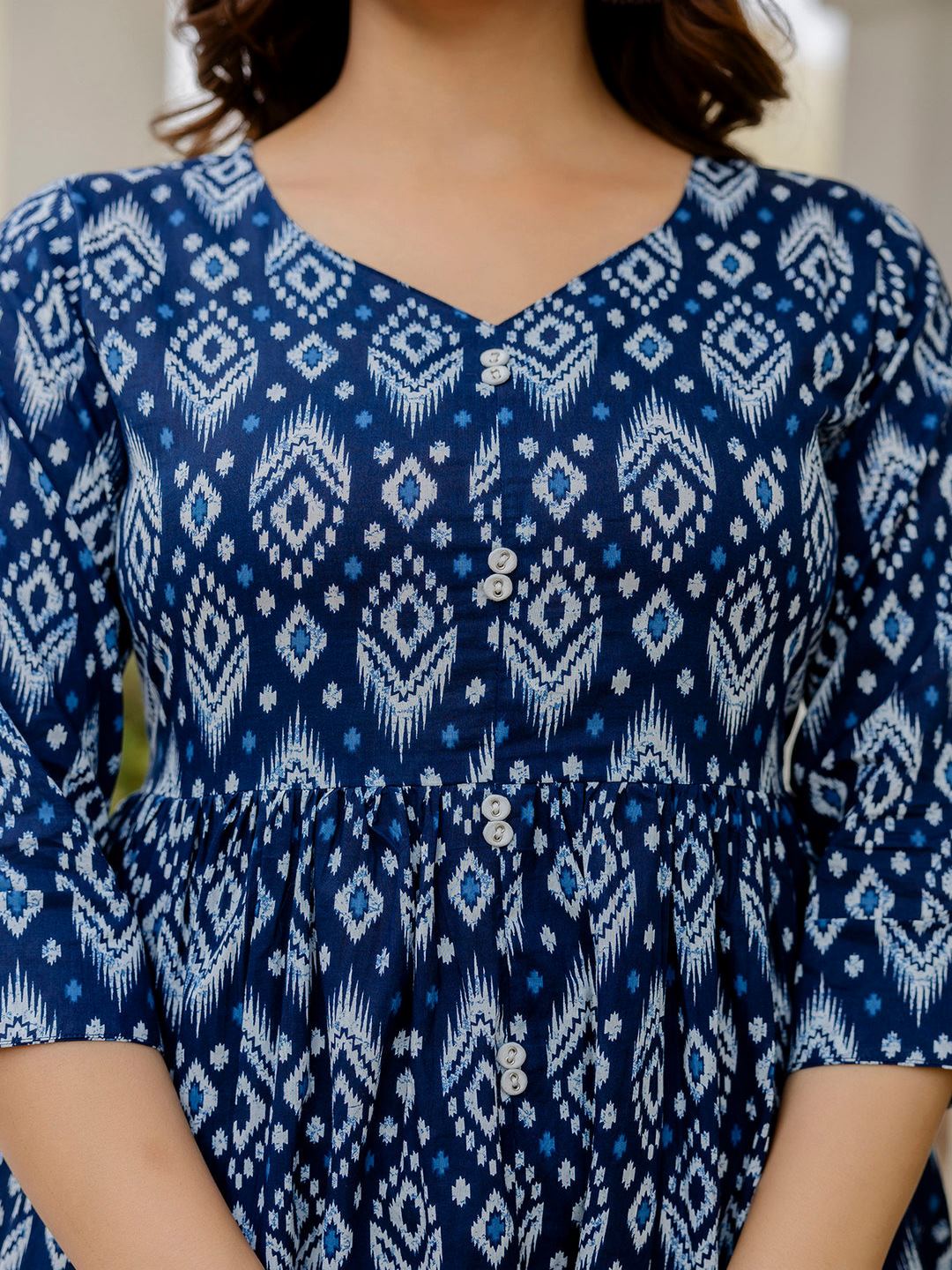 Navy Blue Printed Flared Dress