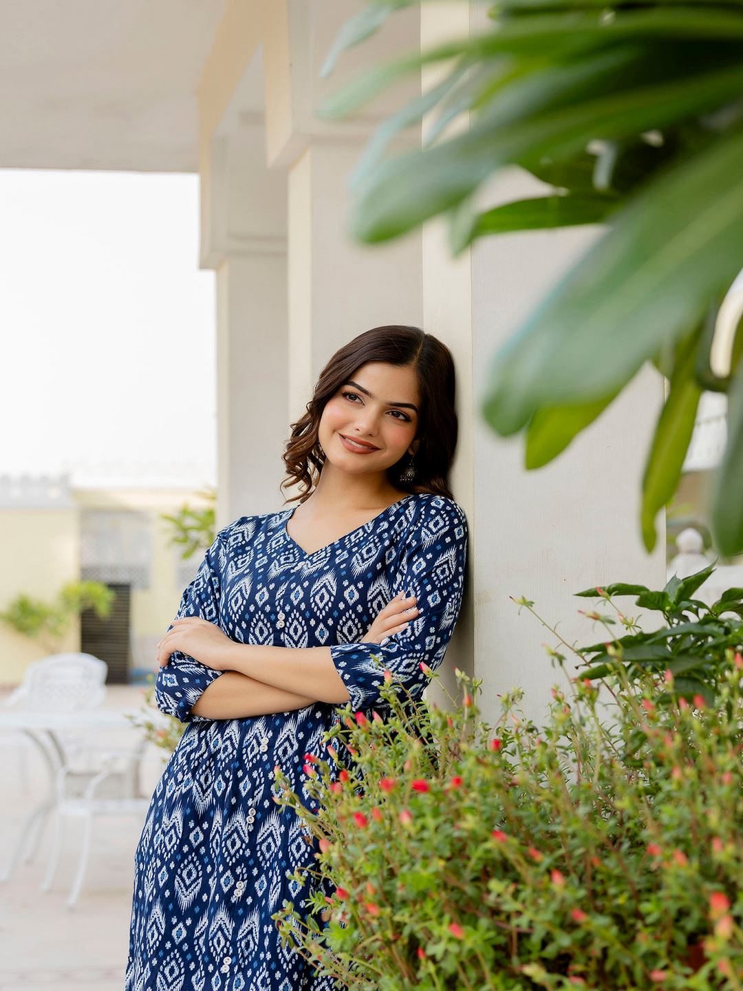 Navy Blue Printed Flared Dress