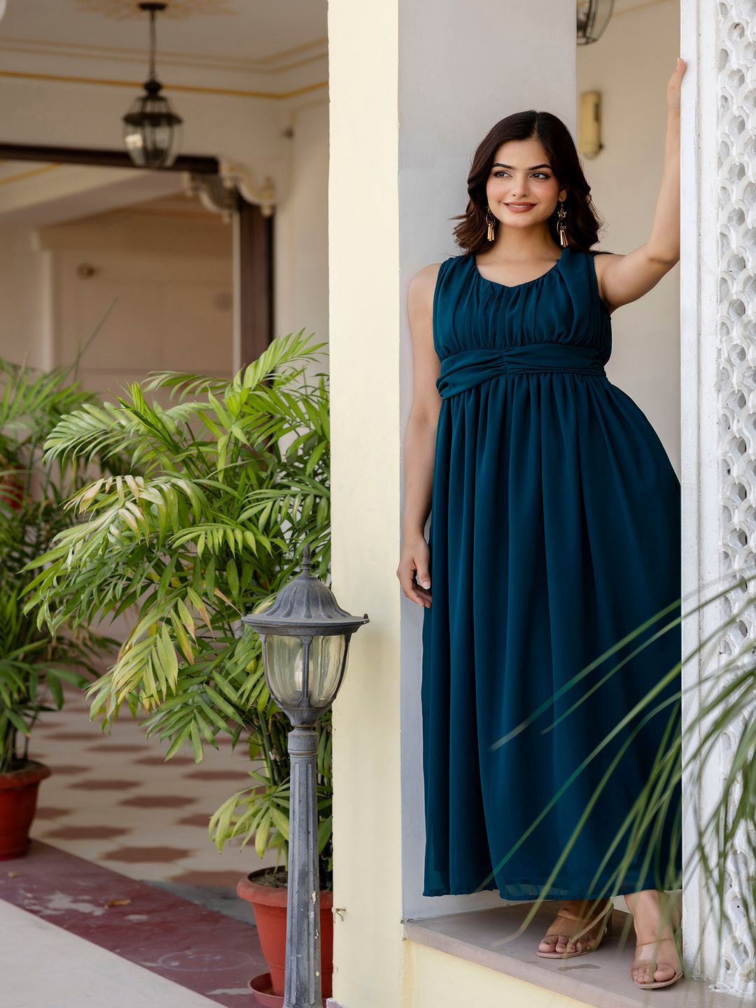 Teal Sleeveless Georgette Western Dress