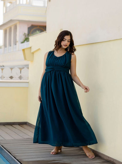 Teal Sleeveless Georgette Western Dress