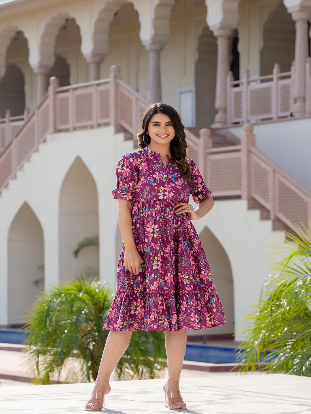 Burgundy Printed Flared Dress