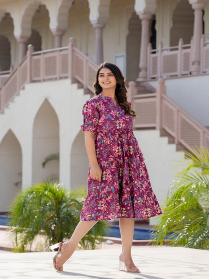 Burgundy Printed Flared Dress