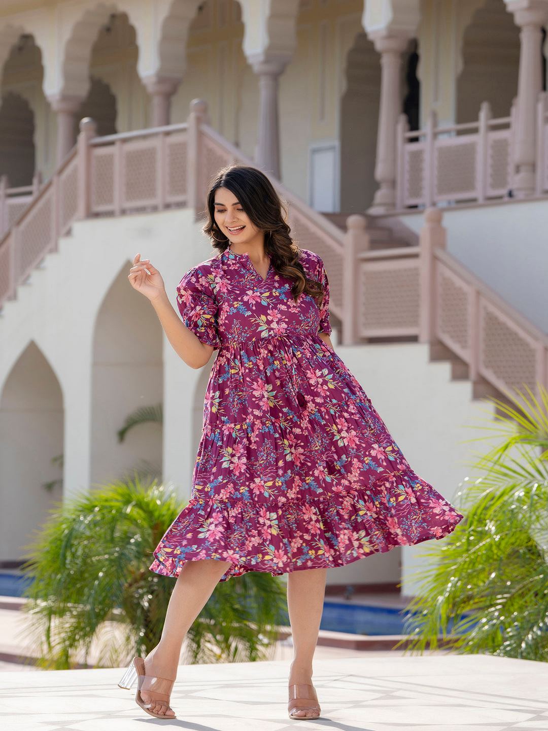 Burgundy Printed Flared Dress