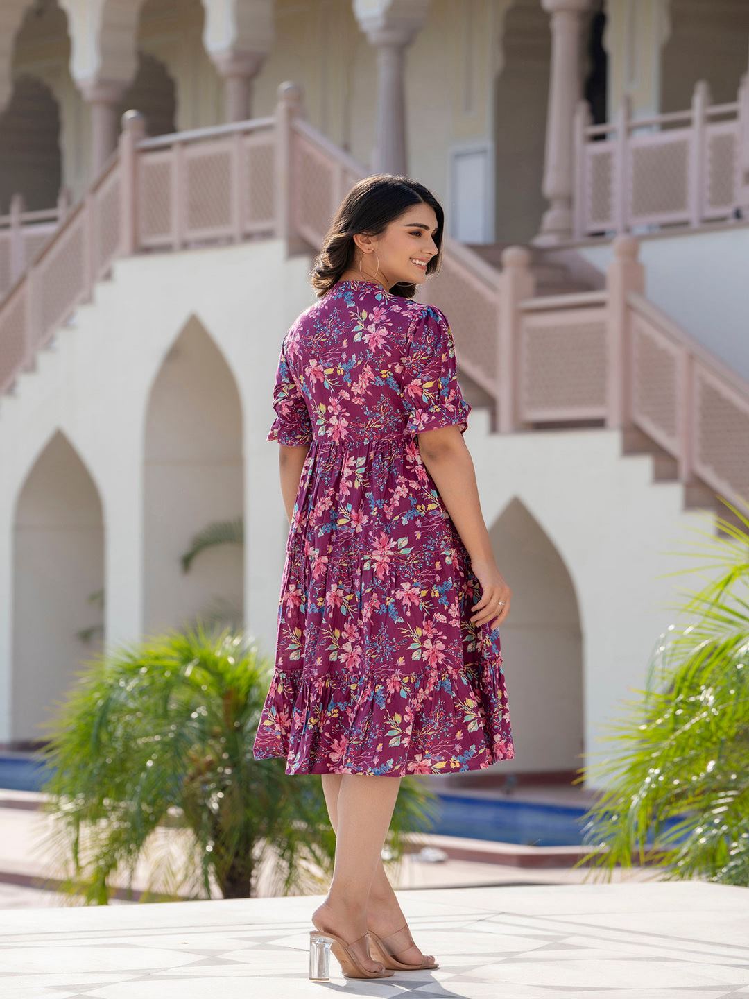 Burgundy Printed Flared Dress