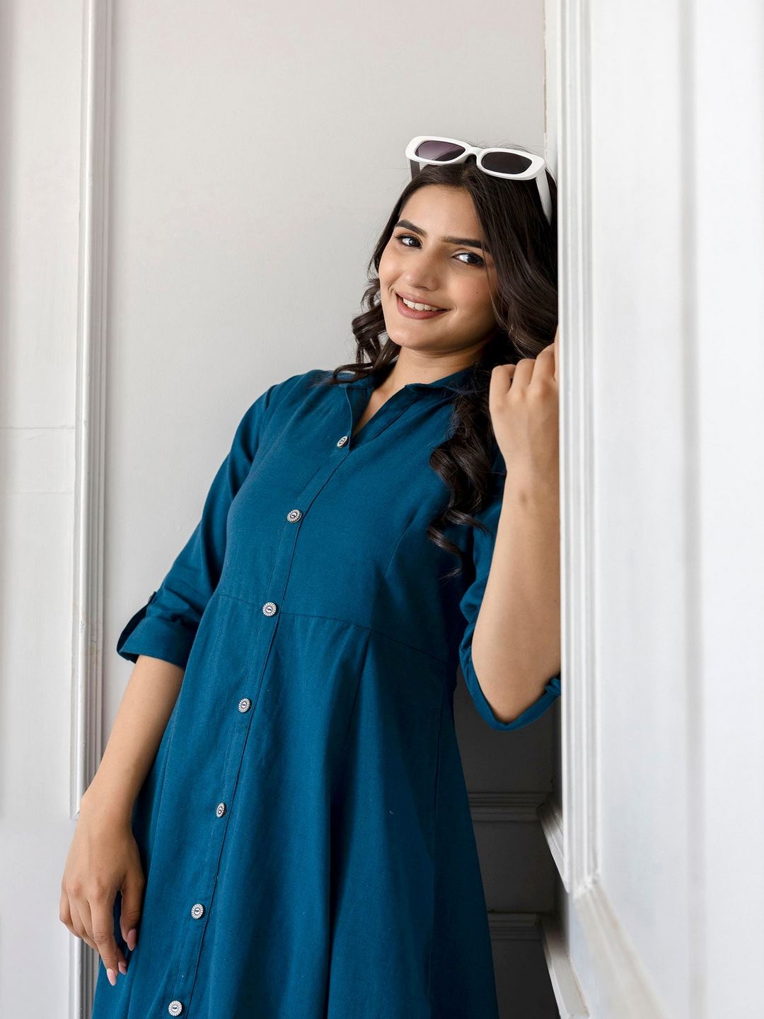 Teal Blue Solid Flared Dress With Three Quarter Sleeves