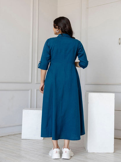 Teal Blue Solid Flared Dress With Three Quarter Sleeves